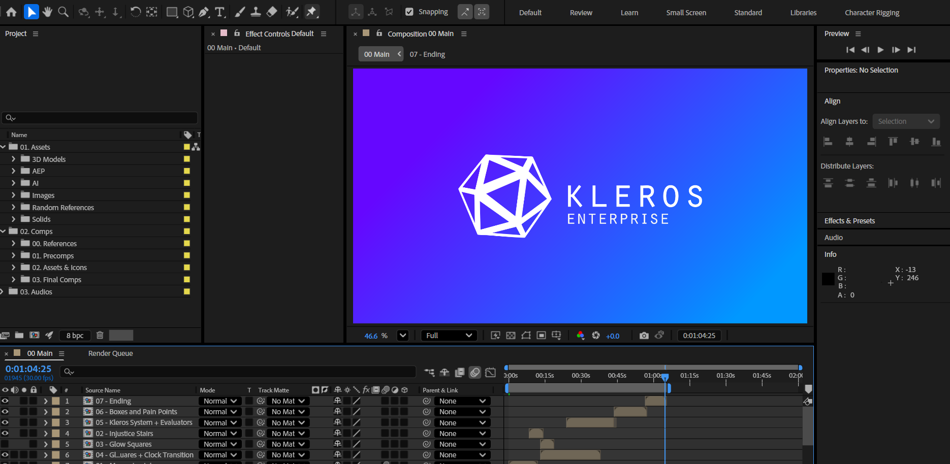 After Effects timeline, Kleros video production